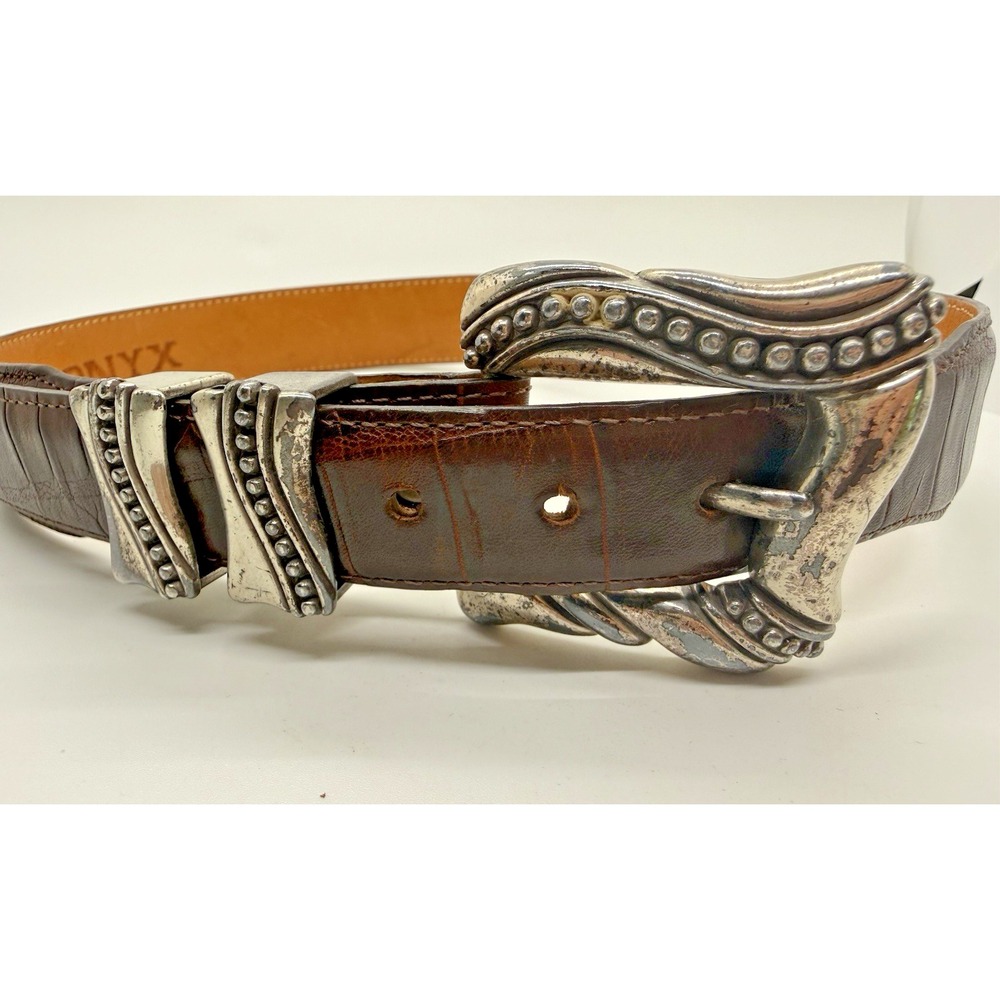 Vintage 90s Brighton Onyx Brown Leather Belt Sz 28 Western Ornate Silver Buckle